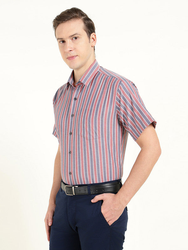 Hancock Men Red & Navy Blue Striped Chambray Slim Fit Pure Cotton Formal Shirt