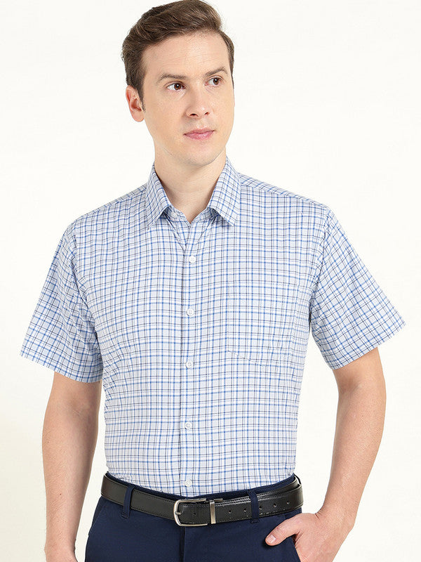 Men Blue Poplin Checked Slim Fit Pure Cotton Formal Shirt