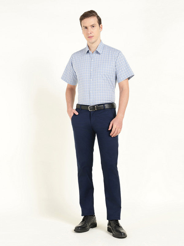 Men Blue Poplin Checked Slim Fit Pure Cotton Formal Shirt