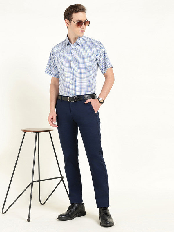 Men Blue Poplin Checked Slim Fit Pure Cotton Formal Shirt