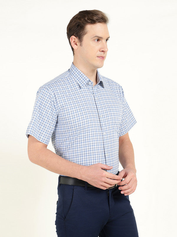 Men Blue Poplin Checked Slim Fit Pure Cotton Formal Shirt