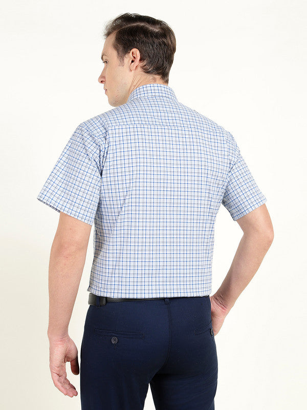 Men Blue Poplin Checked Slim Fit Pure Cotton Formal Shirt