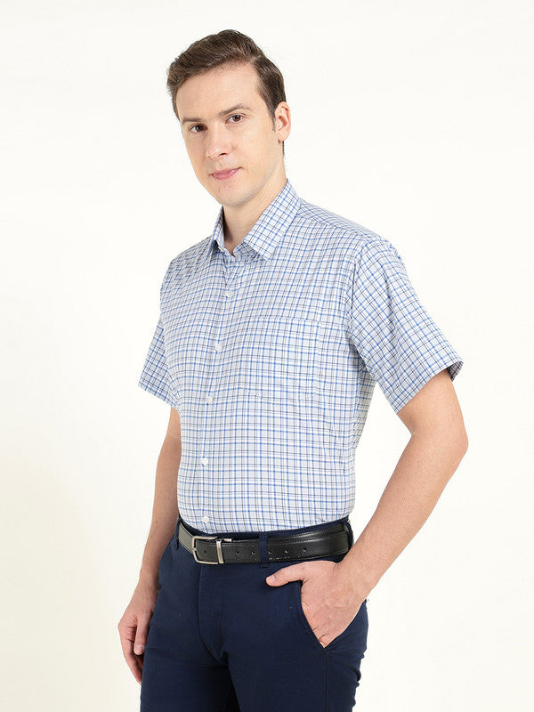 Men Blue Poplin Checked Slim Fit Pure Cotton Formal Shirt
