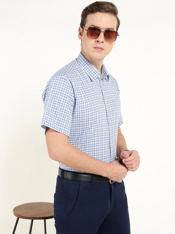 Men Blue Poplin Checked Slim Fit Pure Cotton Formal Shirt
