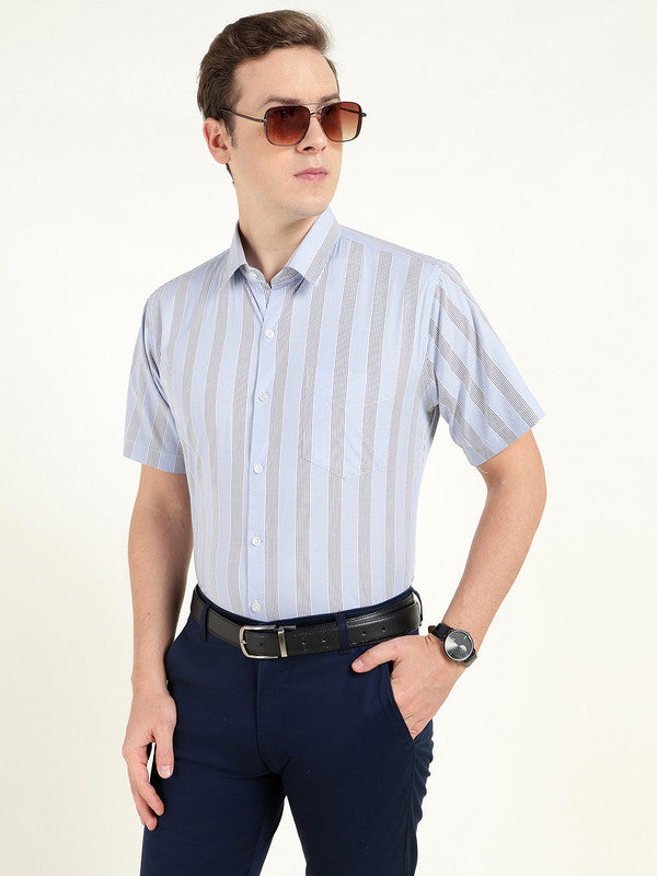 Hancock Men Blue Poplin Striped Slim Fit Pure Cotton Formal Shirt
