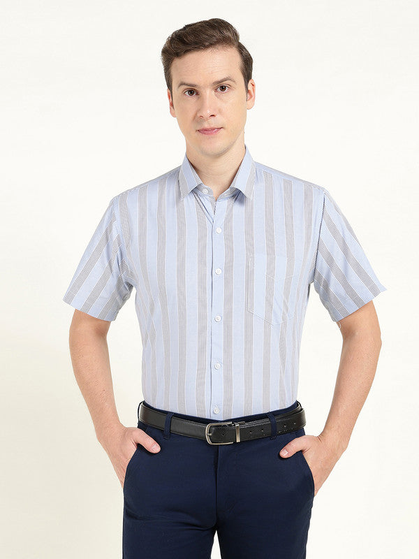 Hancock Men Blue Poplin Striped Slim Fit Pure Cotton Formal Shirt