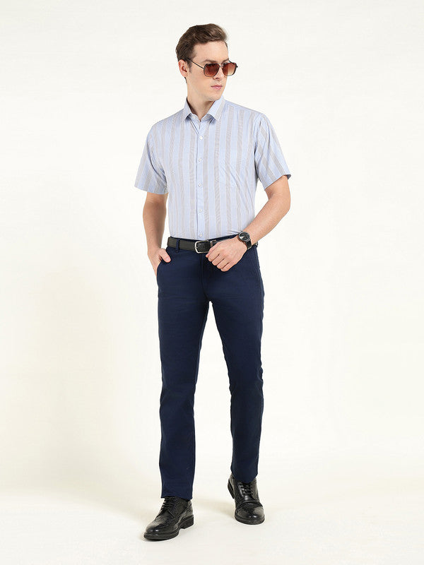 Hancock Men Blue Poplin Striped Slim Fit Pure Cotton Formal Shirt