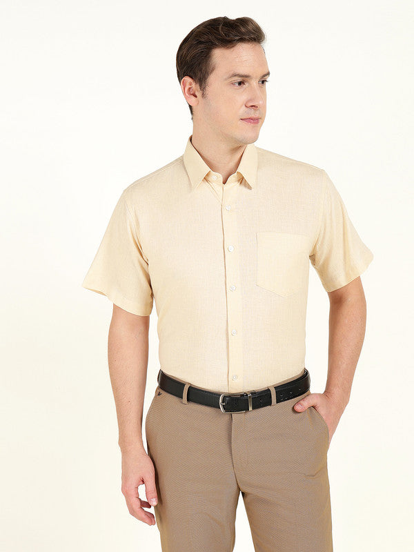 Hancock Men Cream Solid Slim Fit Linen Formal Shirt