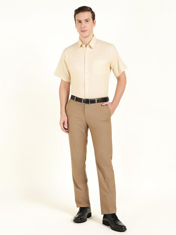 Hancock Men Cream Solid Slim Fit Linen Formal Shirt