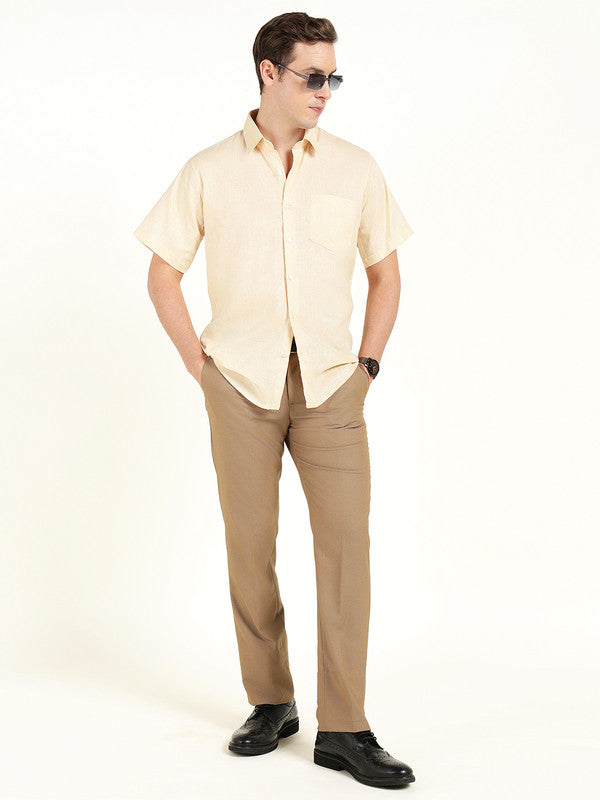 Hancock Men Cream Solid Slim Fit Linen Formal Shirt