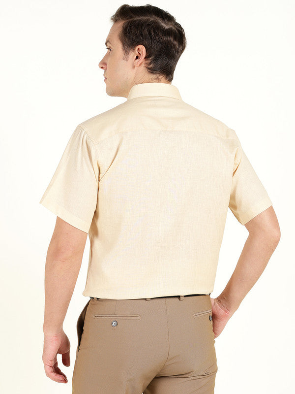 Hancock Men Cream Solid Slim Fit Linen Formal Shirt