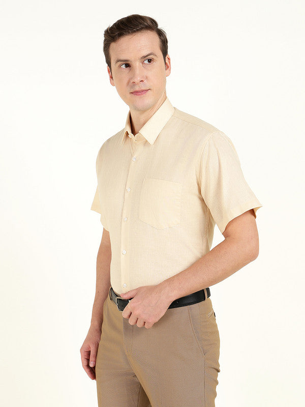 Hancock Men Cream Solid Slim Fit Linen Formal Shirt