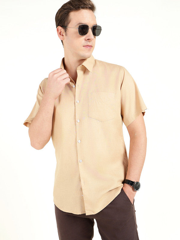 Men Tan Solid Slim Fit Linen Formal Shirt