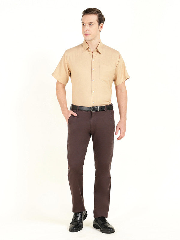 Men Tan Solid Slim Fit Linen Formal Shirt