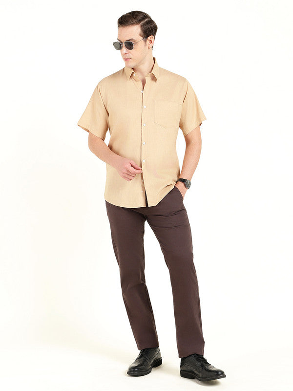 Men Tan Solid Slim Fit Linen Formal Shirt