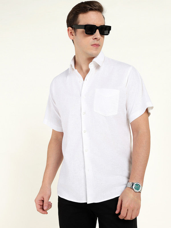 Hancock Men White Solid Slim Fit Linen Formal Shirt