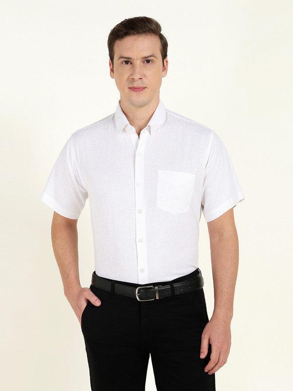 Hancock Men White Solid Slim Fit Linen Formal Shirt