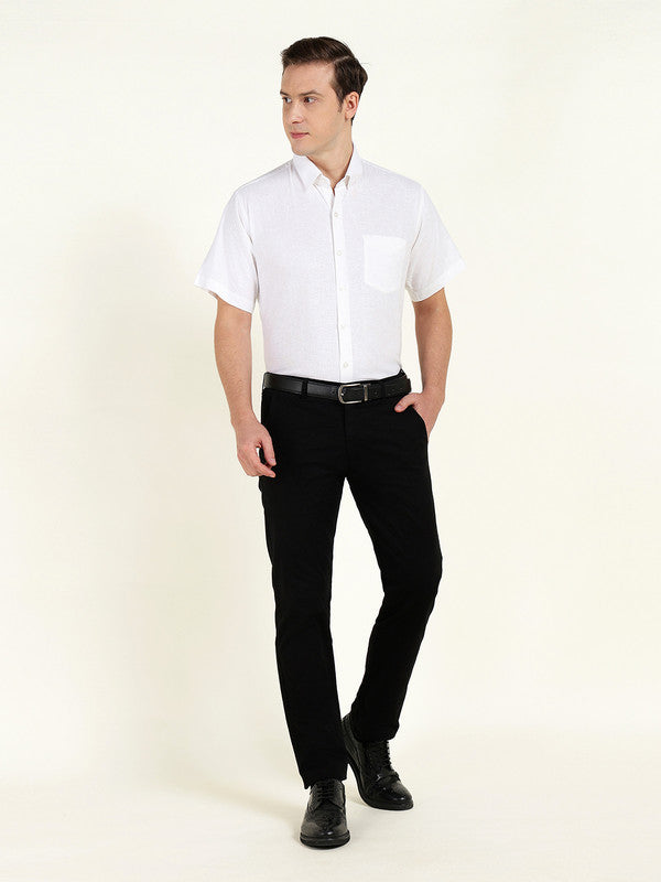Hancock Men White Solid Slim Fit Linen Formal Shirt
