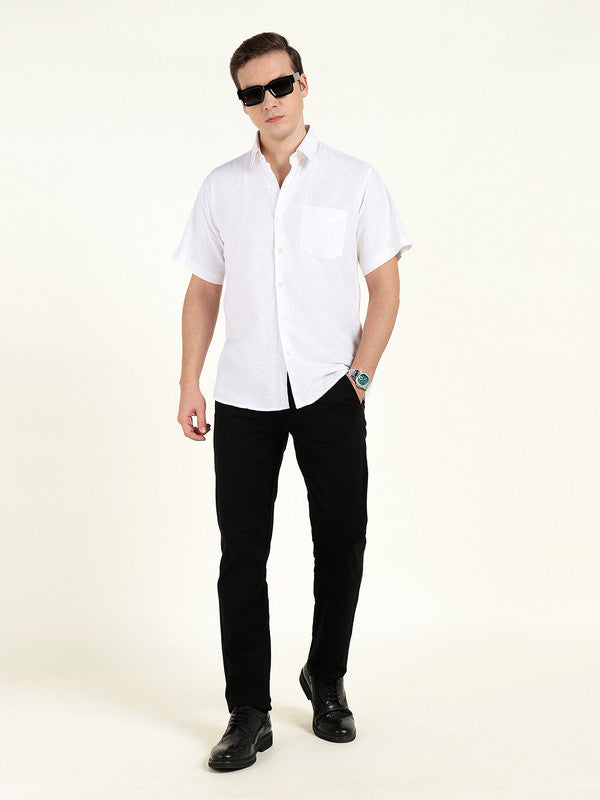 Hancock Men White Solid Slim Fit Linen Formal Shirt