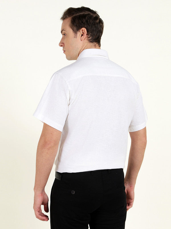 Hancock Men White Solid Slim Fit Linen Formal Shirt