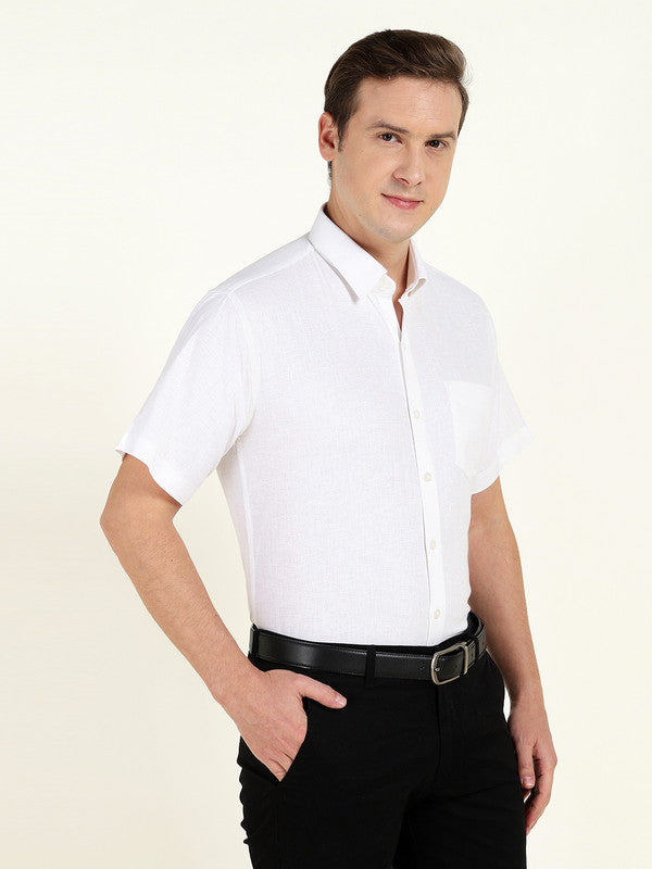 Hancock Men White Solid Slim Fit Linen Formal Shirt