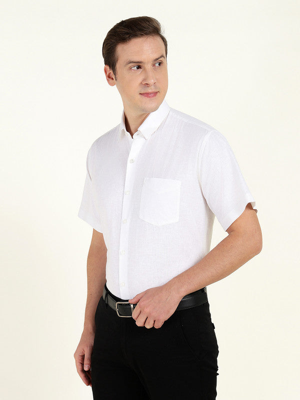 Hancock Men White Solid Slim Fit Linen Formal Shirt