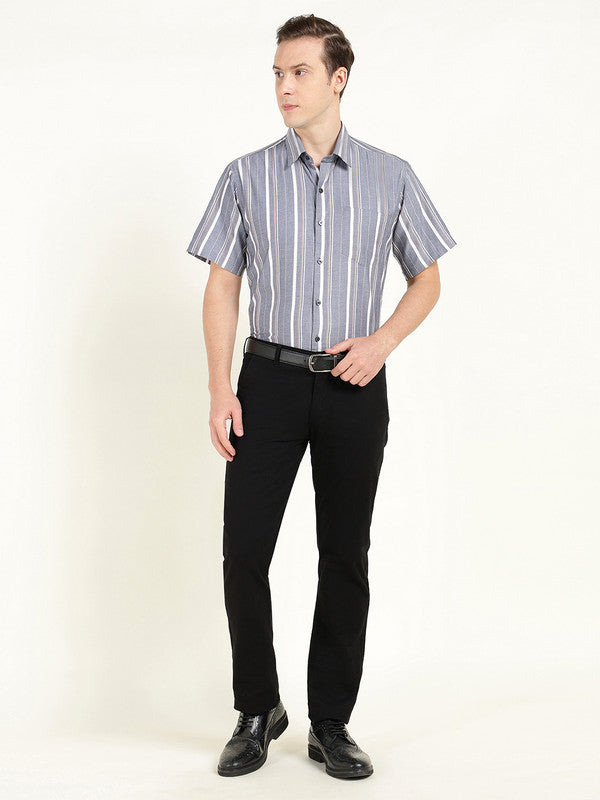 Hancock Men Grey Oxford Striped Slim Fit Pure Cotton Formal Shirt