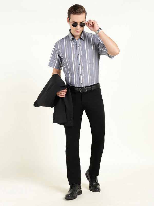 Hancock Men Grey Oxford Striped Slim Fit Pure Cotton Formal Shirt