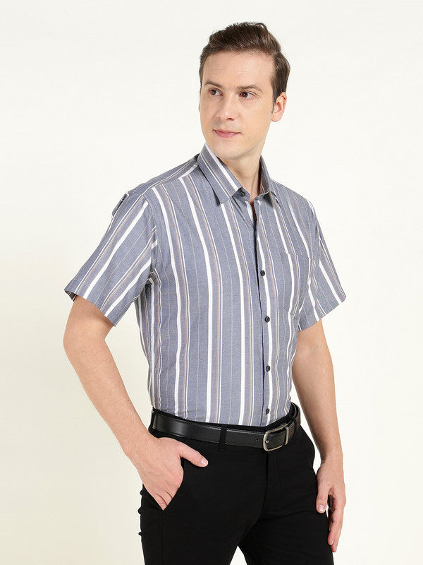 Hancock Men Grey Oxford Striped Slim Fit Pure Cotton Formal Shirt