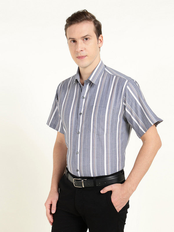 Hancock Men Grey Oxford Striped Slim Fit Pure Cotton Formal Shirt