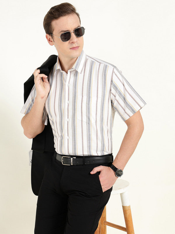 Men White Oxford Striped Slim Fit Pure Cotton Formal Shirt