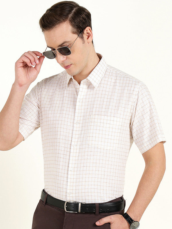 Hancock Men Cream Checked Slim Fit Linen Formal Shirt