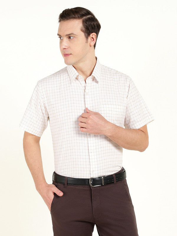Hancock Men Cream Checked Slim Fit Linen Formal Shirt