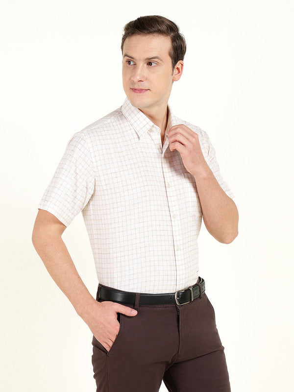 Hancock Men Cream Checked Slim Fit Linen Formal Shirt