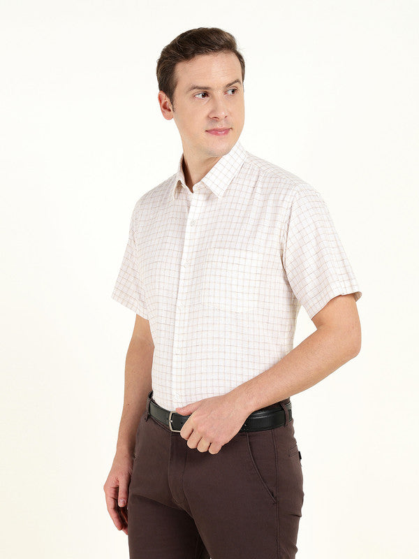 Hancock Men Cream Checked Slim Fit Linen Formal Shirt