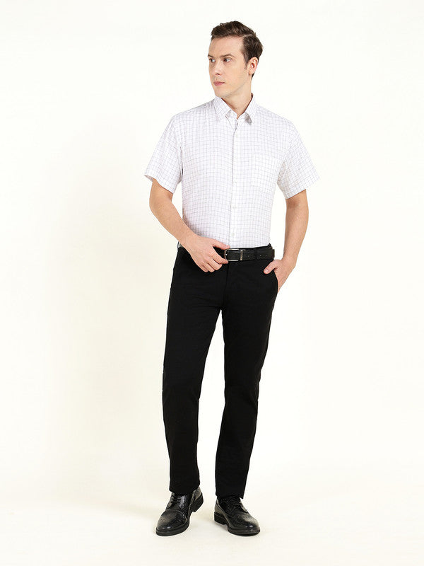 Hancock Men White & Grey Checked Slim Fit Linen Formal Shirt