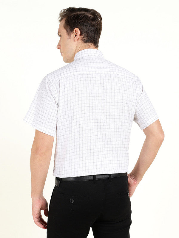 Hancock Men White & Grey Checked Slim Fit Linen Formal Shirt