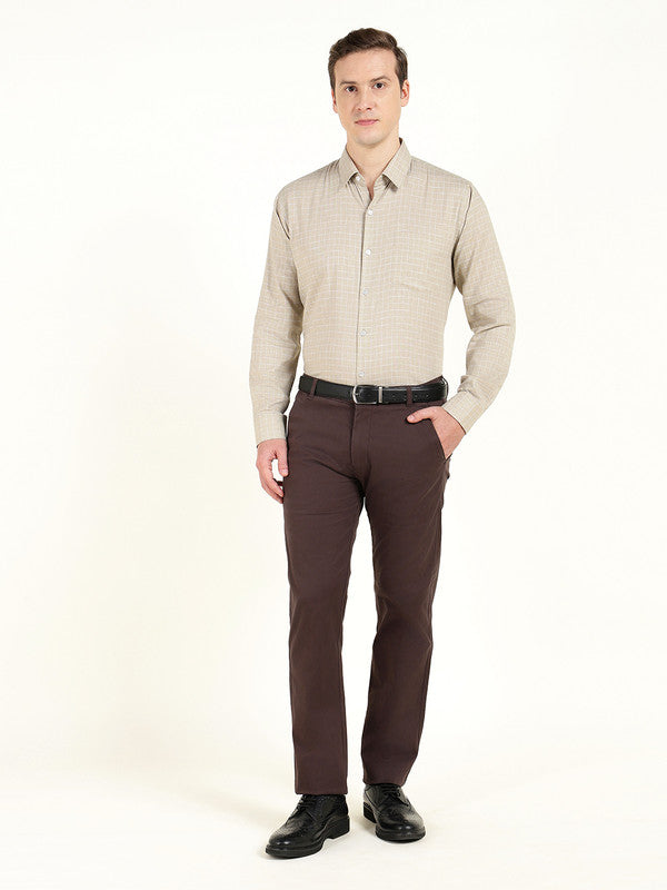 Men Khaki Checked Slim Fit Linen Formal Shirt