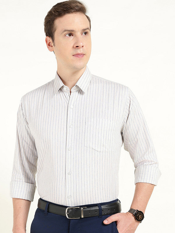 Men Beige Striped Slim Fit Linen Formal Shirt