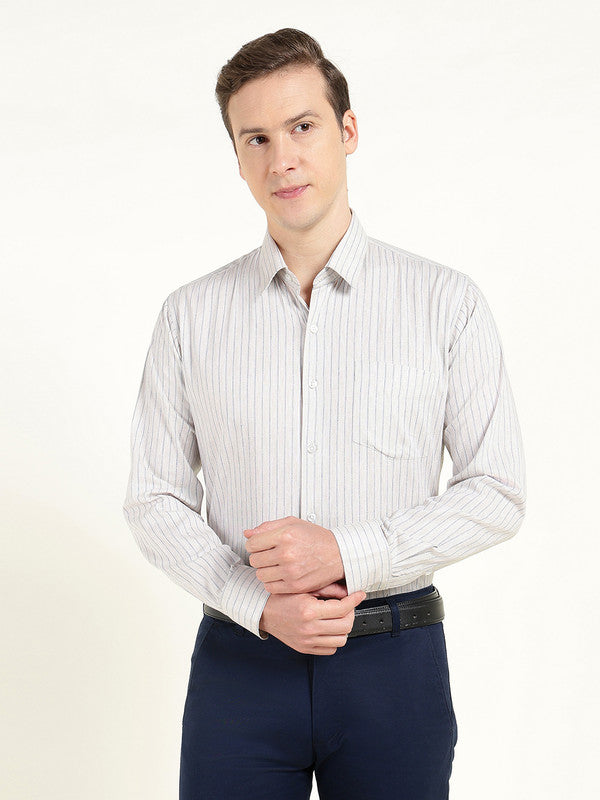 Men Beige Striped Slim Fit Linen Formal Shirt
