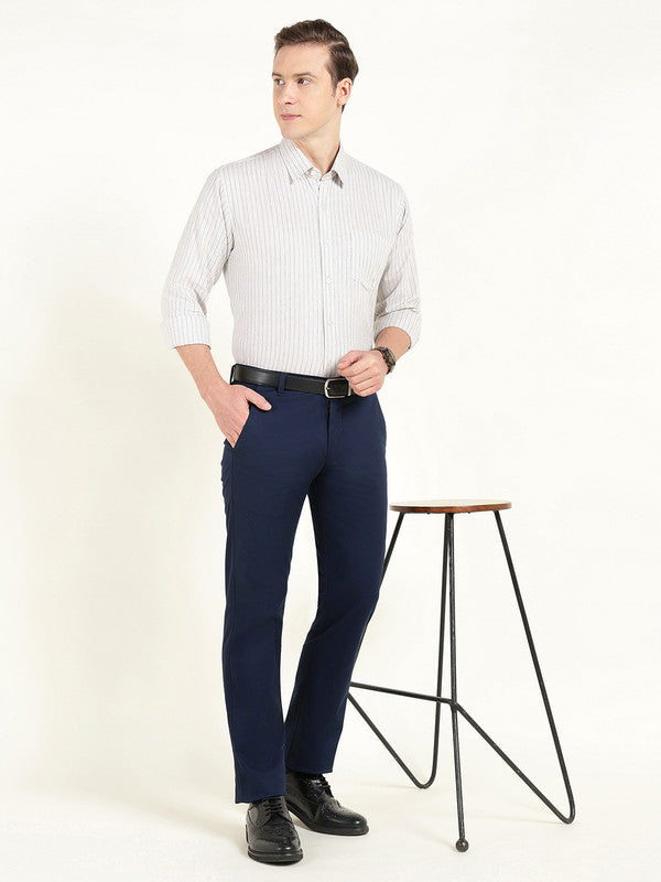 Men Beige Striped Slim Fit Linen Formal Shirt