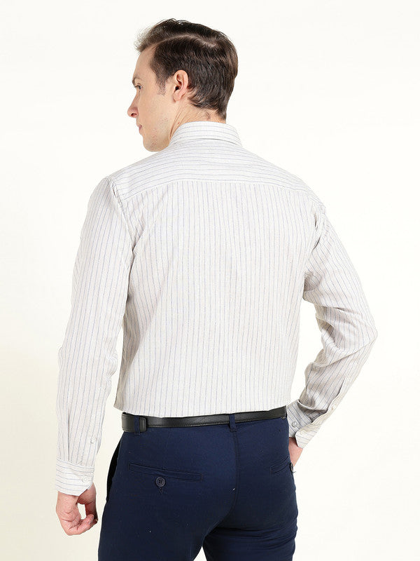 Men Beige Striped Slim Fit Linen Formal Shirt