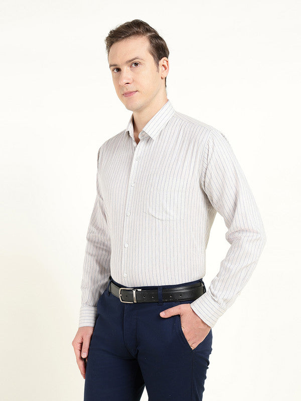 Men Beige Striped Slim Fit Linen Formal Shirt