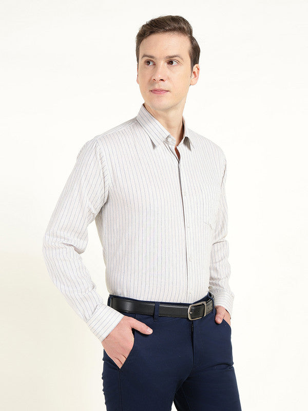 Men Beige Striped Slim Fit Linen Formal Shirt