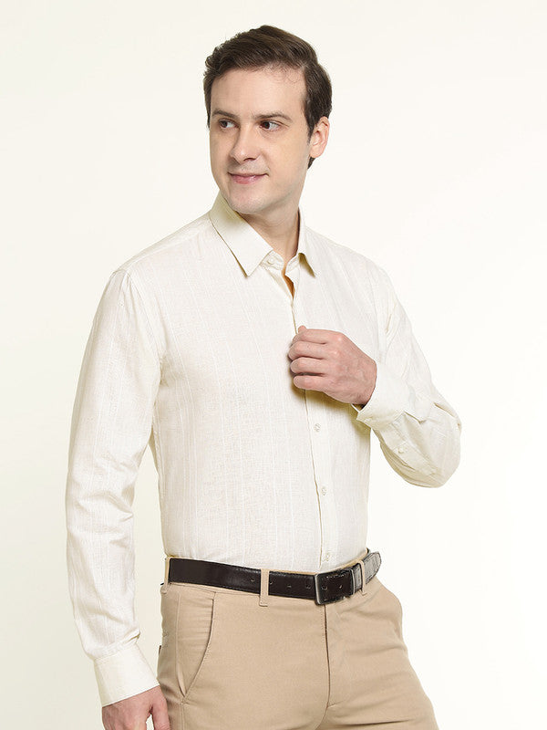 Men Cream Striped Linen Slim Fit Formal Shirt