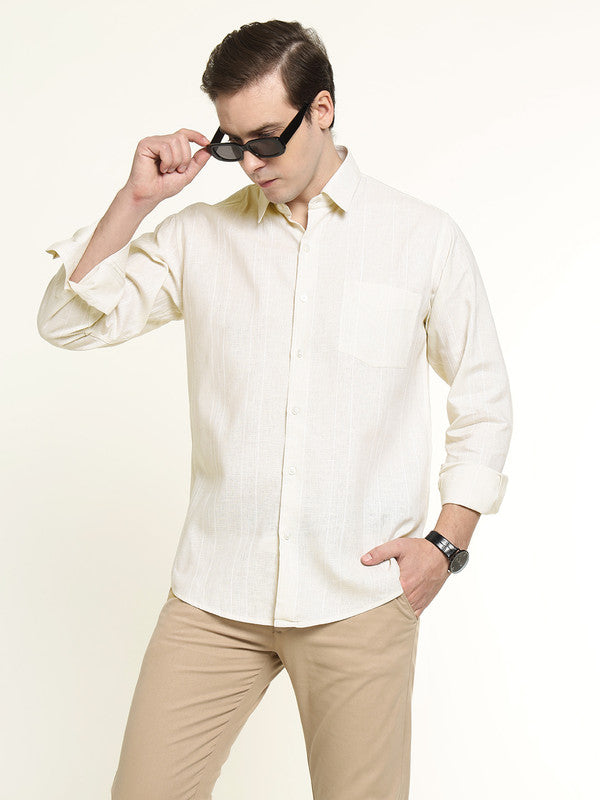 Men Cream Striped Linen Slim Fit Formal Shirt