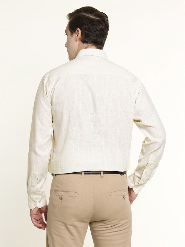 Men Cream Striped Linen Slim Fit Formal Shirt