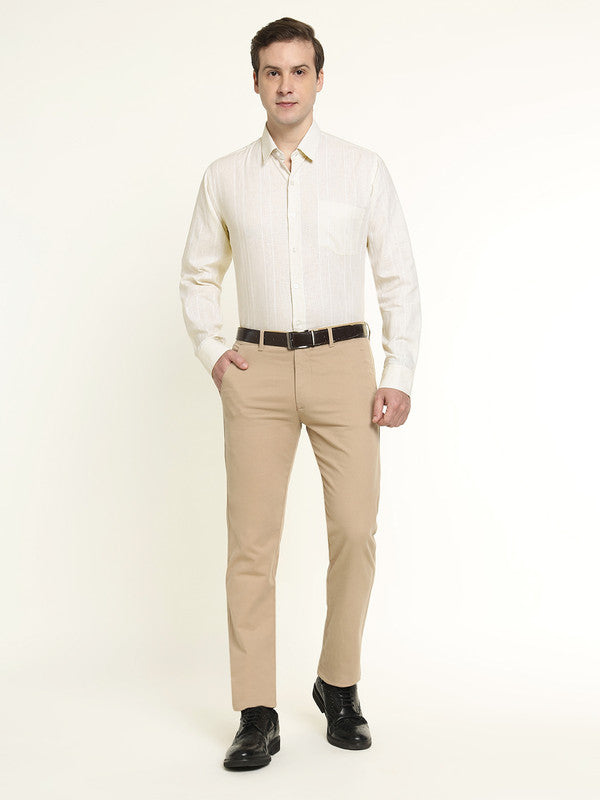 Men Cream Striped Linen Slim Fit Formal Shirt
