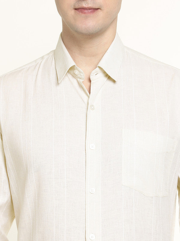 Men Cream Striped Linen Slim Fit Formal Shirt