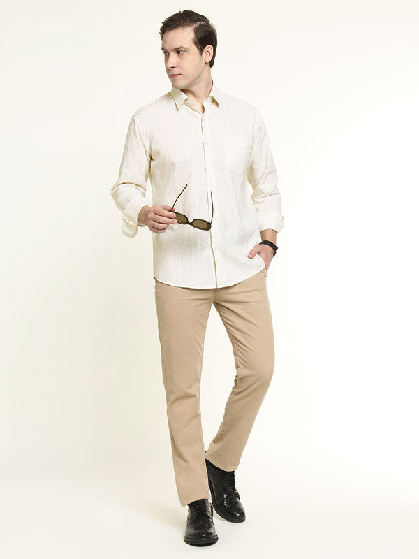 Men Cream Striped Linen Slim Fit Formal Shirt